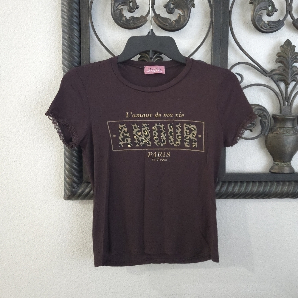 Ragdoll Y2K Chocolate Brown Graphic Tee with Lace Sleeves - Picture 2 of 8